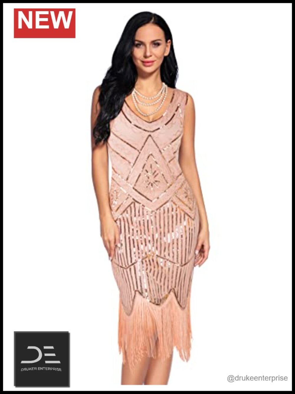 Plus Size 1920s Vintage Sequin Beaded Fringed Flapper Dress Sleeveless V-Neck